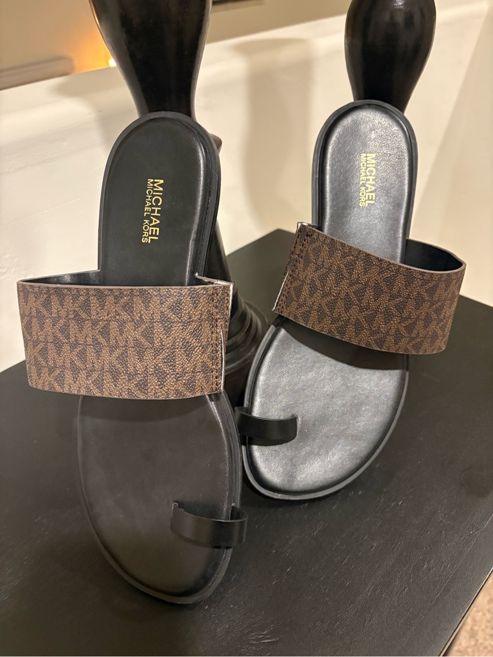 New MICHAEL Michael Kors August Brown and Black MK Logo Slide Sandals 9